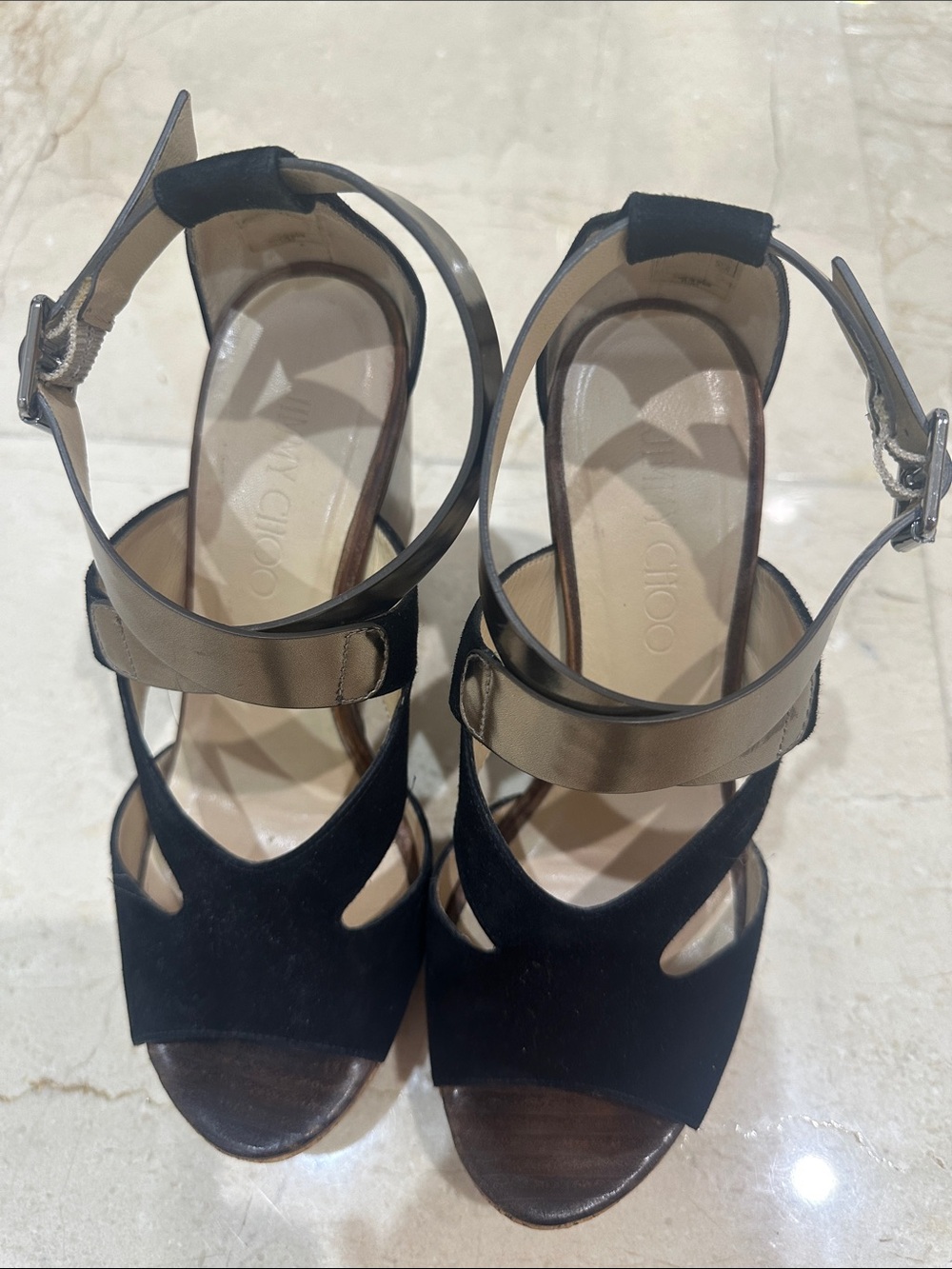 Jimmy Choo Black and Metallic Strappy High-Heel Sandals